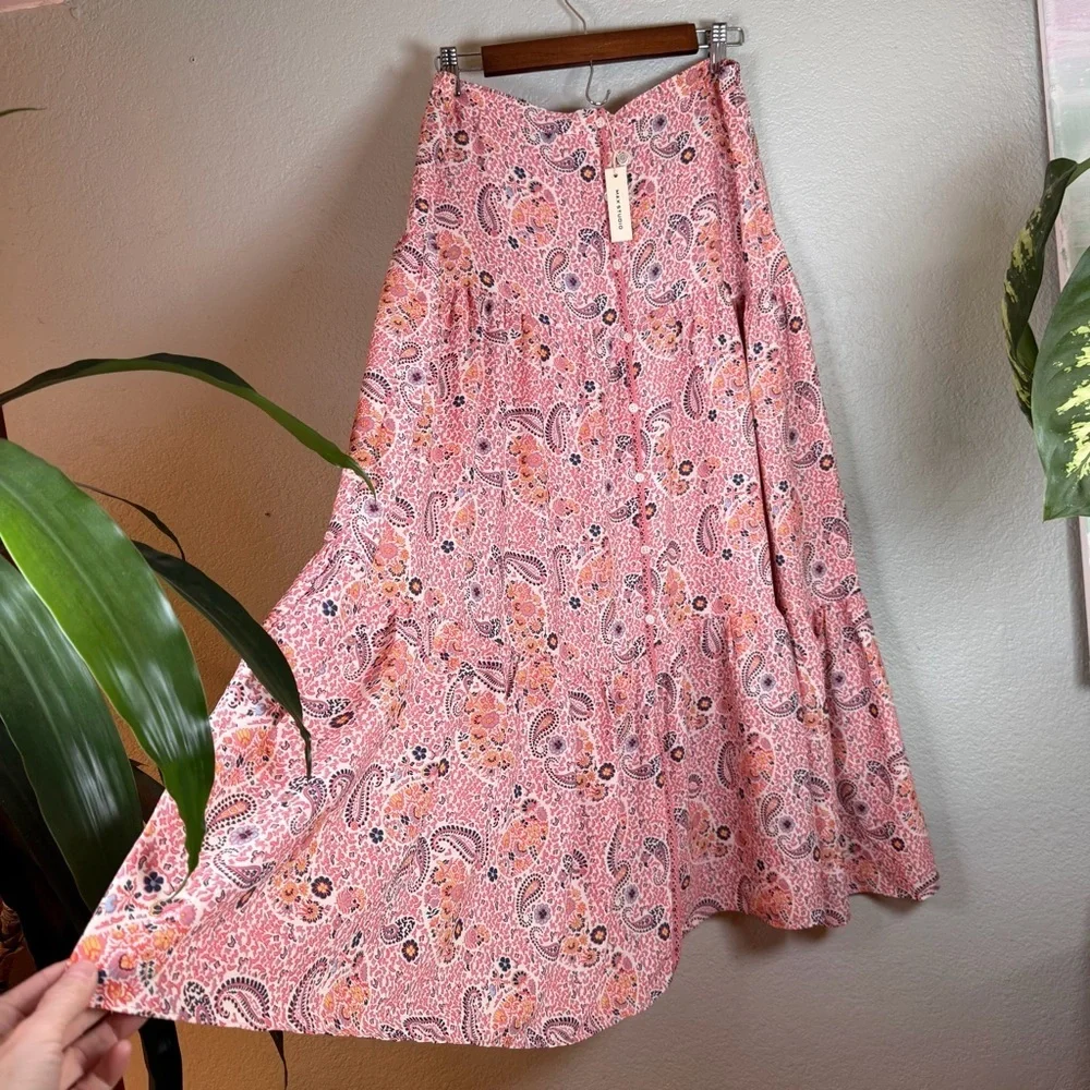 Max Studio Floral Pink Blue Paisley Button Front Detail Tiered Boho Maxi Skirt L